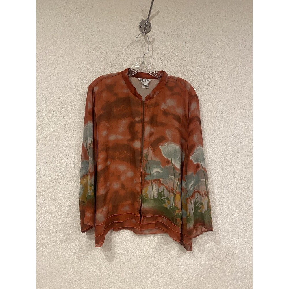 Citron Silk Kimono Womens 1X Rust Floral Sheer Open Front Lightweight Boho